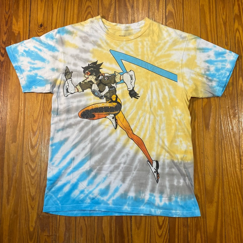 Tracer Overwatch Tie Dye Short Sleeve Shirt M Yellow/Blue/Gray